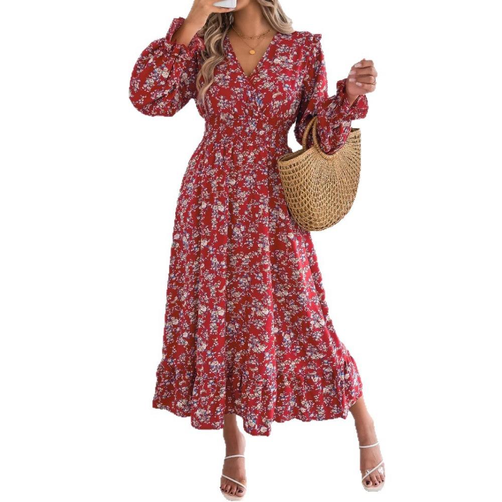 Women's Elegant Floral Cross V-Neck Waist Ruffle Long Dresses