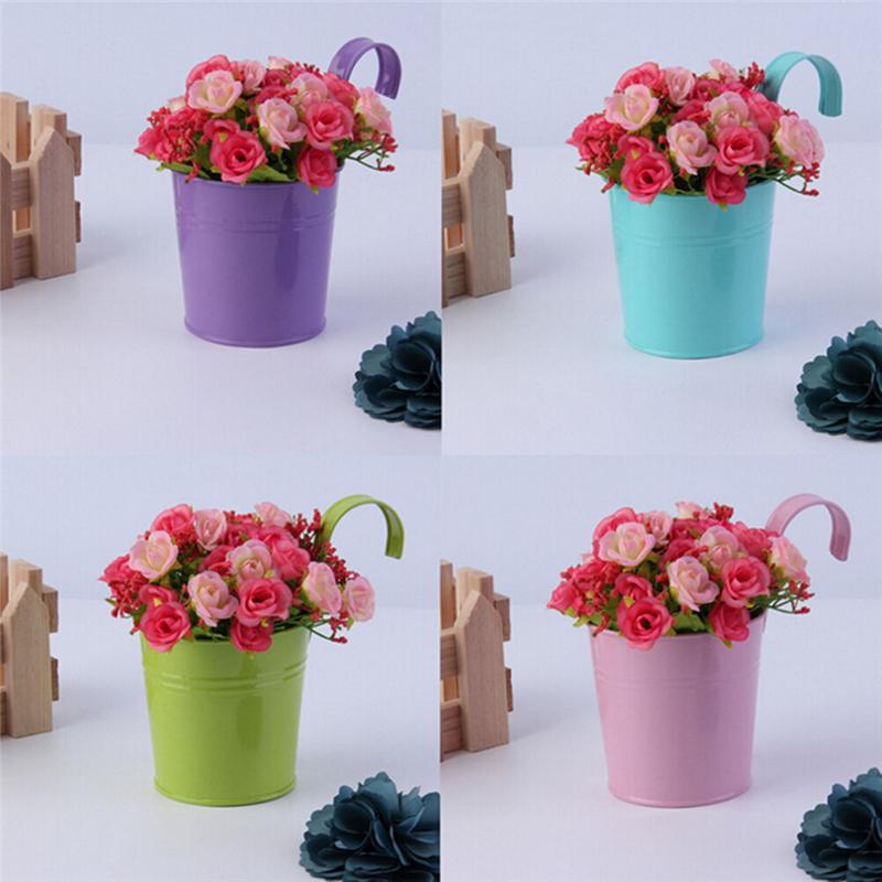 10 Colors Metal Iron Flower Wall Hanging Flower Plants Pot Hook Bucket Tin Garden Planter Pots Balcony Hanging Succulent Basket