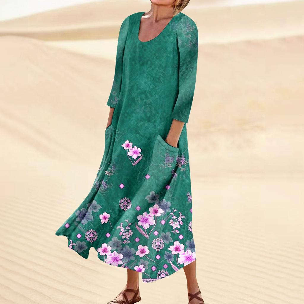 Kleid für Damen, Frühling, Boho, lässig, modisch, 3/4-Ärmel, Kleid für den Urlaub, große Größe
