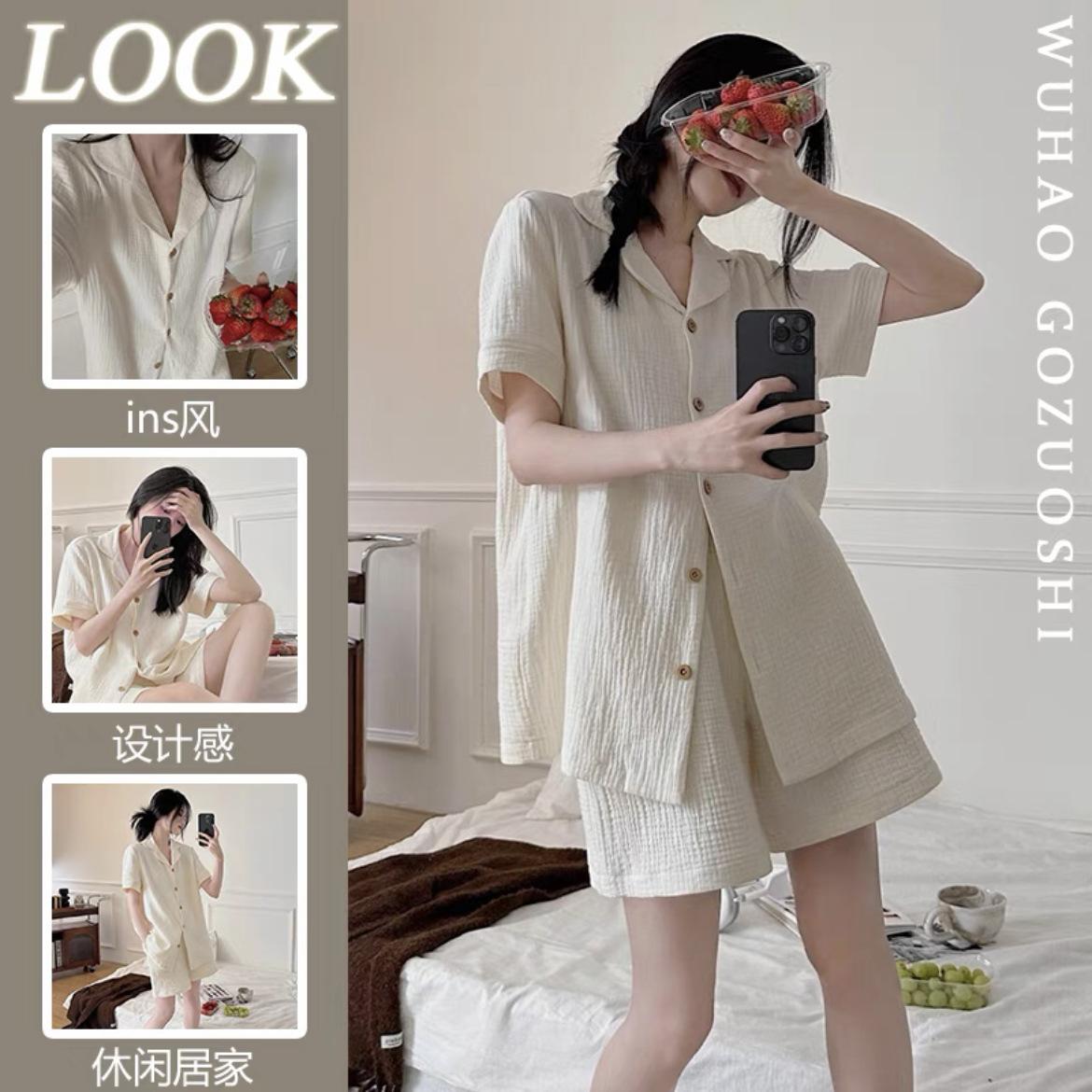 

Korean version of simple ins style solid color pajamas women s summer short-sleeved shorts set students can wear loungewear outside for leisure XXL