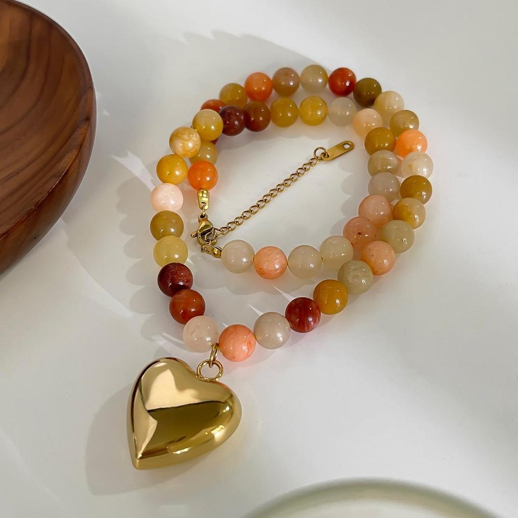 Bohemia Multicolor Stone Handmade Beaded Chain Gold Plated Heart Pendant Necklace for Women