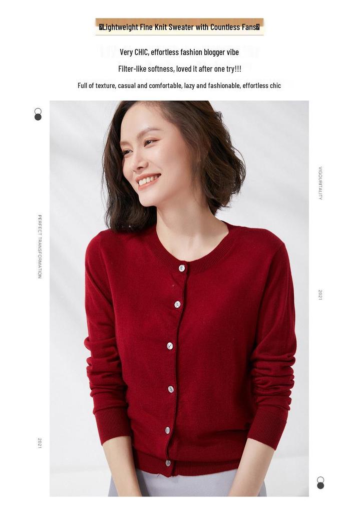 2023 Women's Fine-Spun Wool Cardigan: Round Neck, Lightweight, Spring & Summer Knit Top