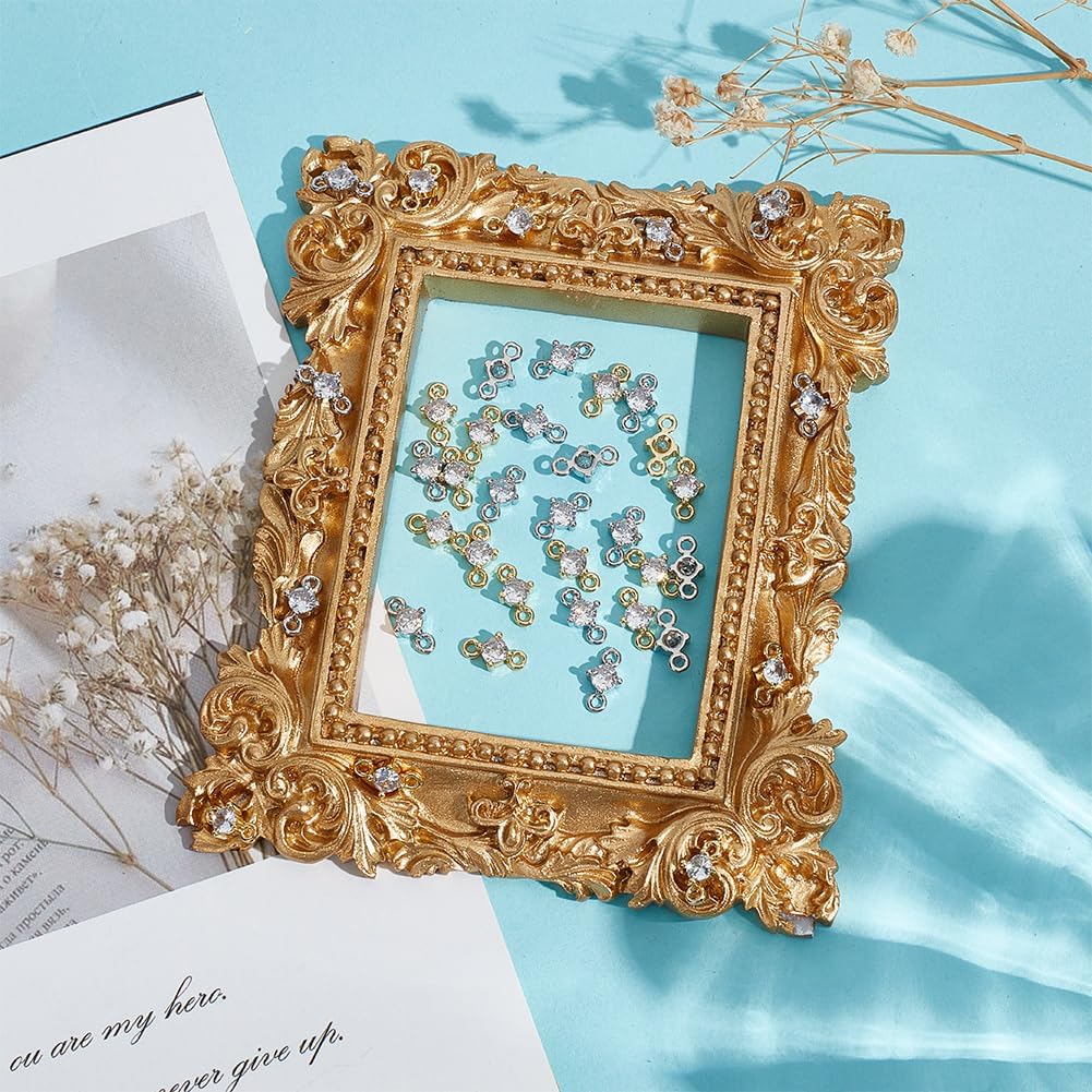 

40Pcs 2 Colors Brass Cubic Zirconia Links 18K Gold Plated Platinum Flat Round Birthstone Charm Clear Cubic Zirconia Link Charms Crystal Charms for