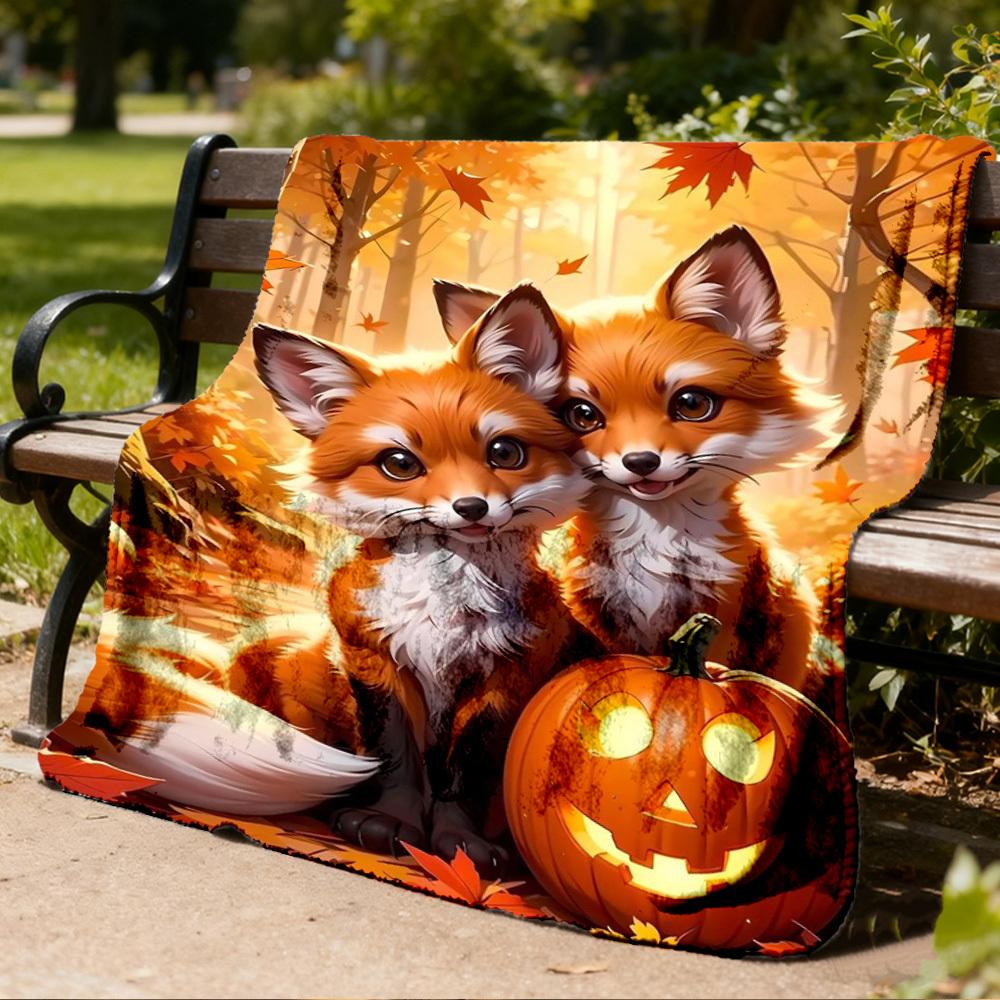 1pc Autumn Foxes Pumpkin Throw Blanket Polyester Fiber, Lightweight Flannel, Soft & Warm, All Season Use for Outdoor, Camping Digital Print