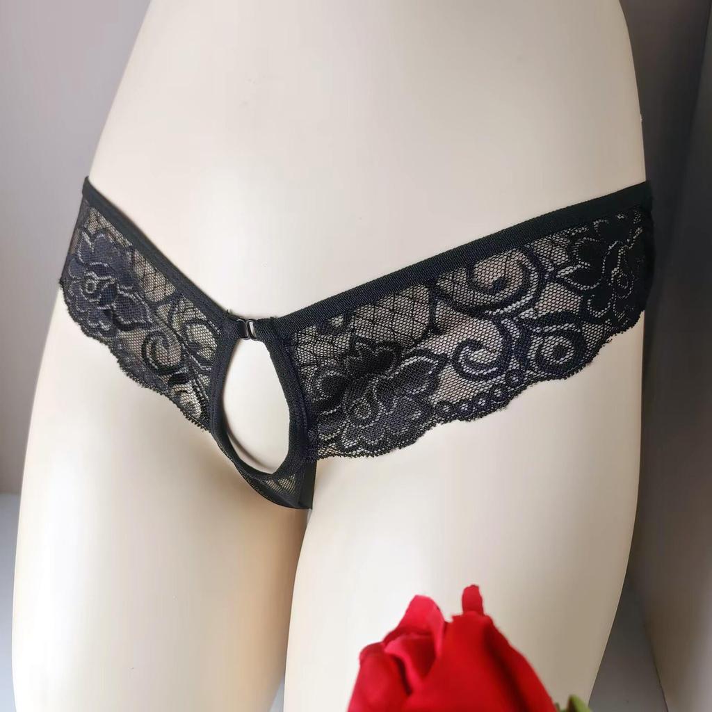 Men's Lace See-Through Thong with Open Crotch and Straight Insert for Temptation.