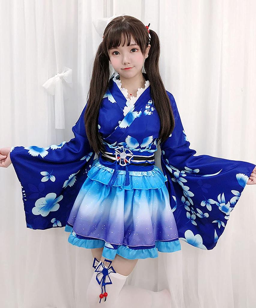 Milky Time Yukata, Japanese Style Miniskirt, Cute Cosplay Halloween Costume Set, Summer Festival, Oiran (Blue)