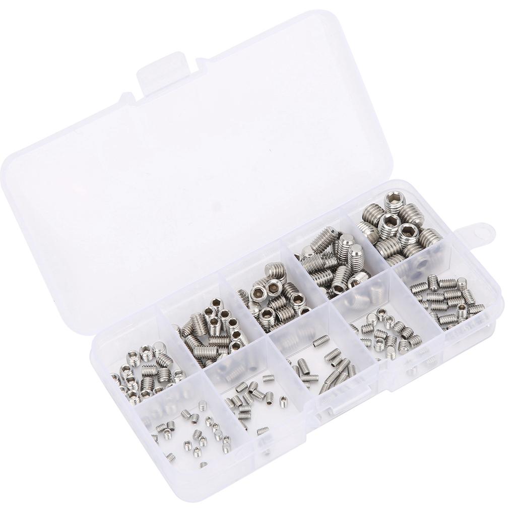 200Pcs Hex Grub Screws Socket Headless Assortment Stainless Steel Machine Set Tools