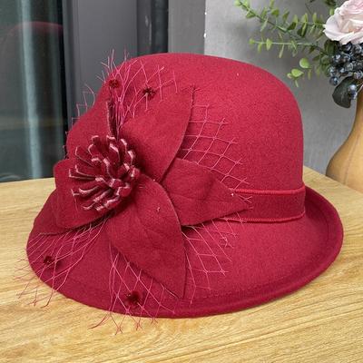 Female Autumn And Winter British Celebrity Top Hat Three-Dimensional Mesh Flower Dome Basin Hat Korean Version Casual Versatile Half-Roll Woolen Hat