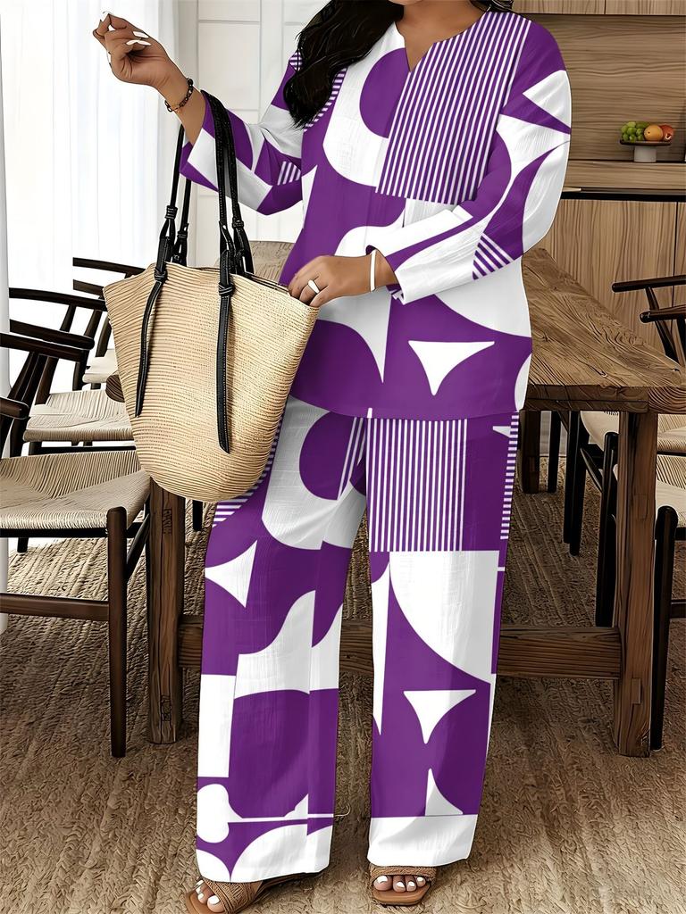 1116 European and American Geometric Printing V-neck Shirt High Waist Drape Wide Leg Pants Complete Set of Women's Clothing
