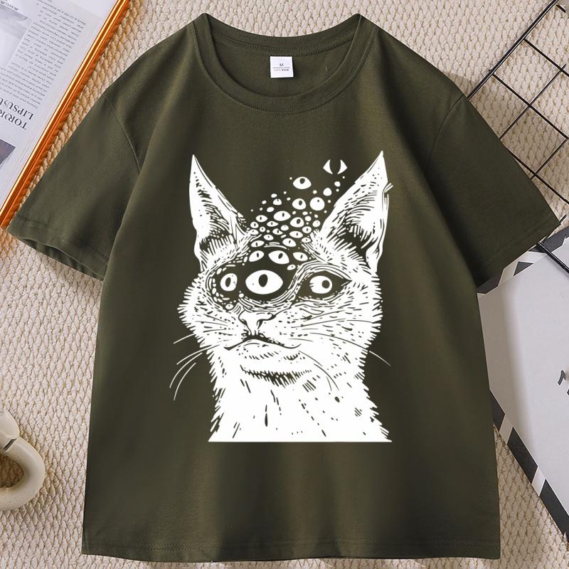 Weirdcore Cat T Shirt Harakuju Creepy Horror Goth Cat TShirt Gothic Dark Aesthetic Tshirt Casual Round Neck Cotton Tees Tops