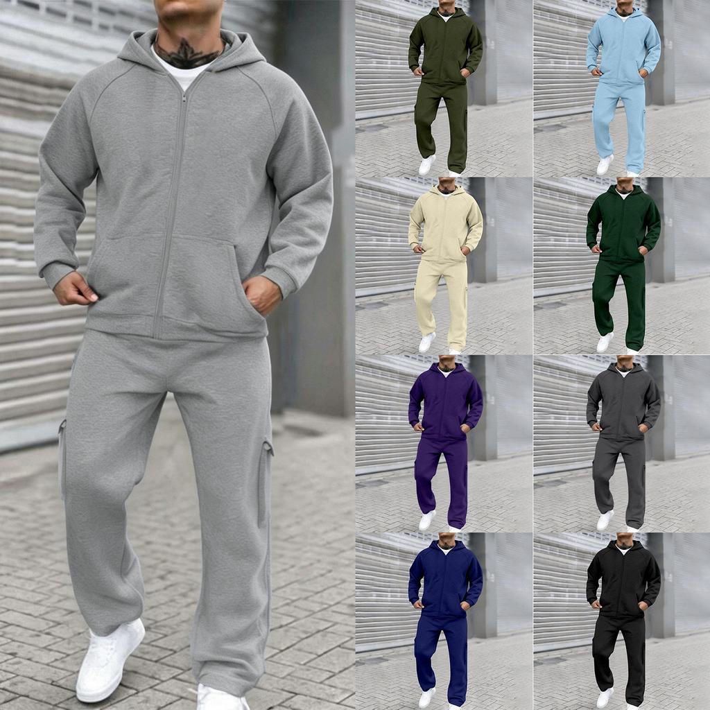 Men's Casual Two Piece Outdoor Set - Pullover Sweatshirt with Elastic Waist Cargo Pants