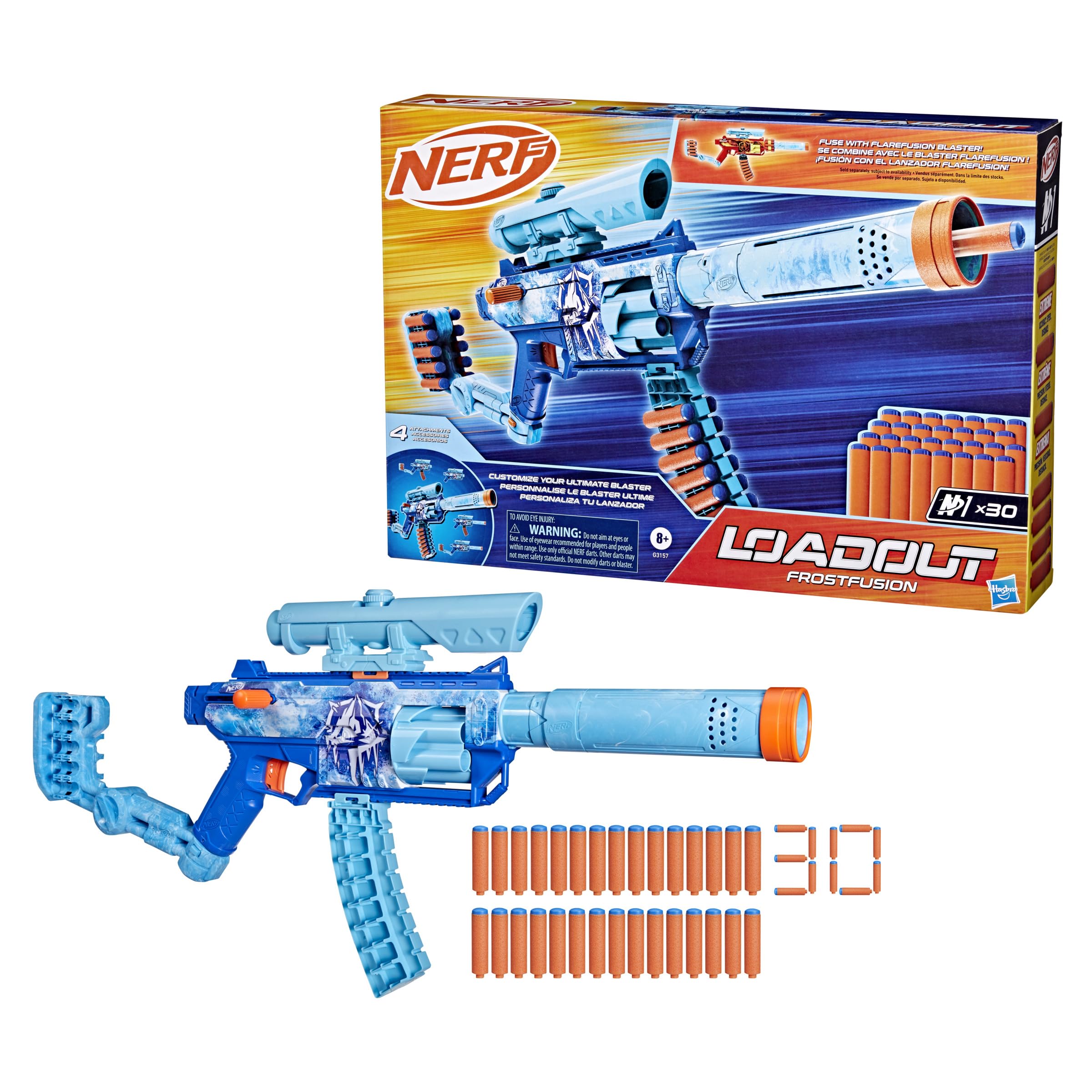 

Hasbro Nerf Loadout Frostfusion Бластер с 4 сменными насадками и 30 патронами N1, Игрушка для детей и подарок, 8+, G3157,