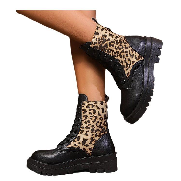 Large size fashion leopard print lace-up platform fashion boots autumn and winter new medium tube versatile European and American style women's boots