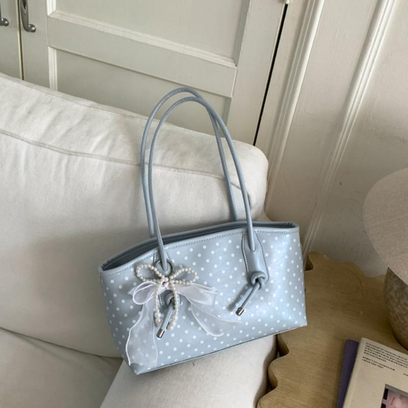 Korean Style Polka Dot Shoulder Bag For Women Elegant Underarm Bag With Pearl Bow Decor Large Capacity Daily Commuter Handbag