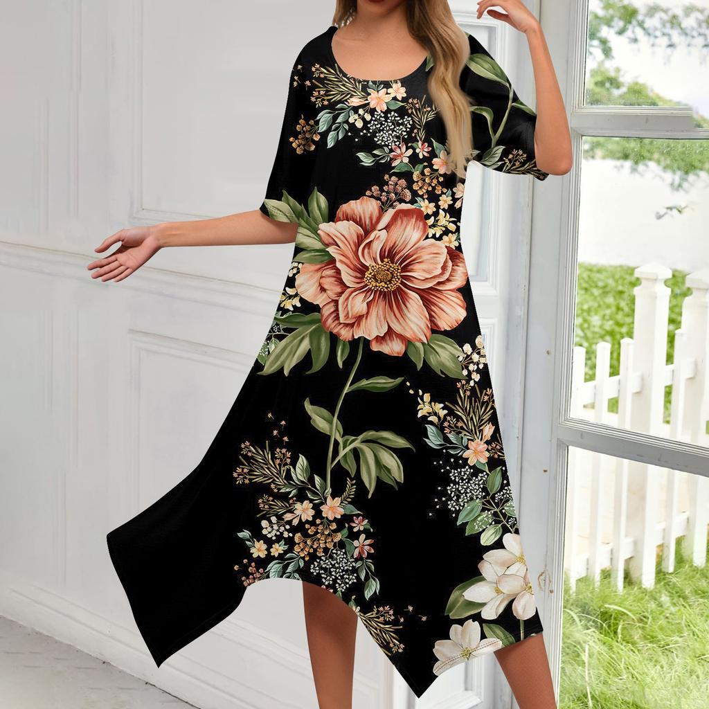 Damen Casual Mode Rundhals Kurzarm Druck Unregelmäßiger Saum Midi-Kleid