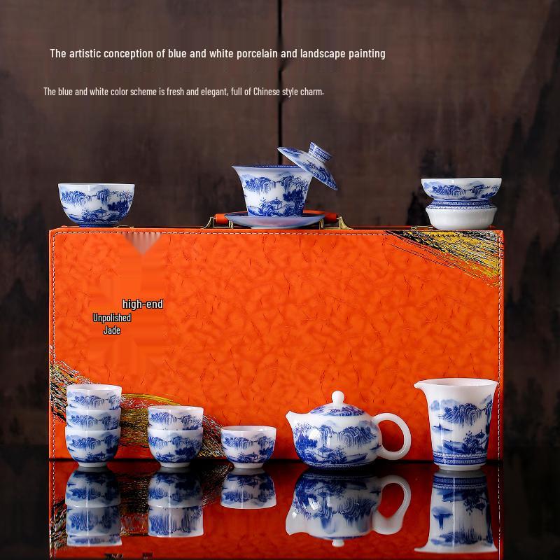 Hand-Painted Blue and White Porcelain Kung Fu Tea Set