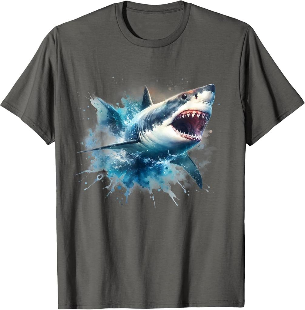 Great White Shark Splashing Water Graphic Tee Breathable Cotton Short Sleeve TShirt
