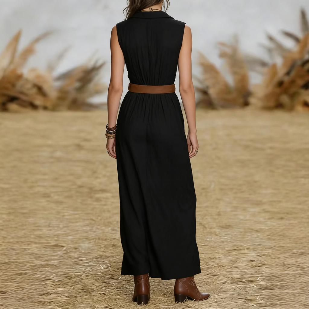 Women's Fashion Color V-neck Sleeveless Dress