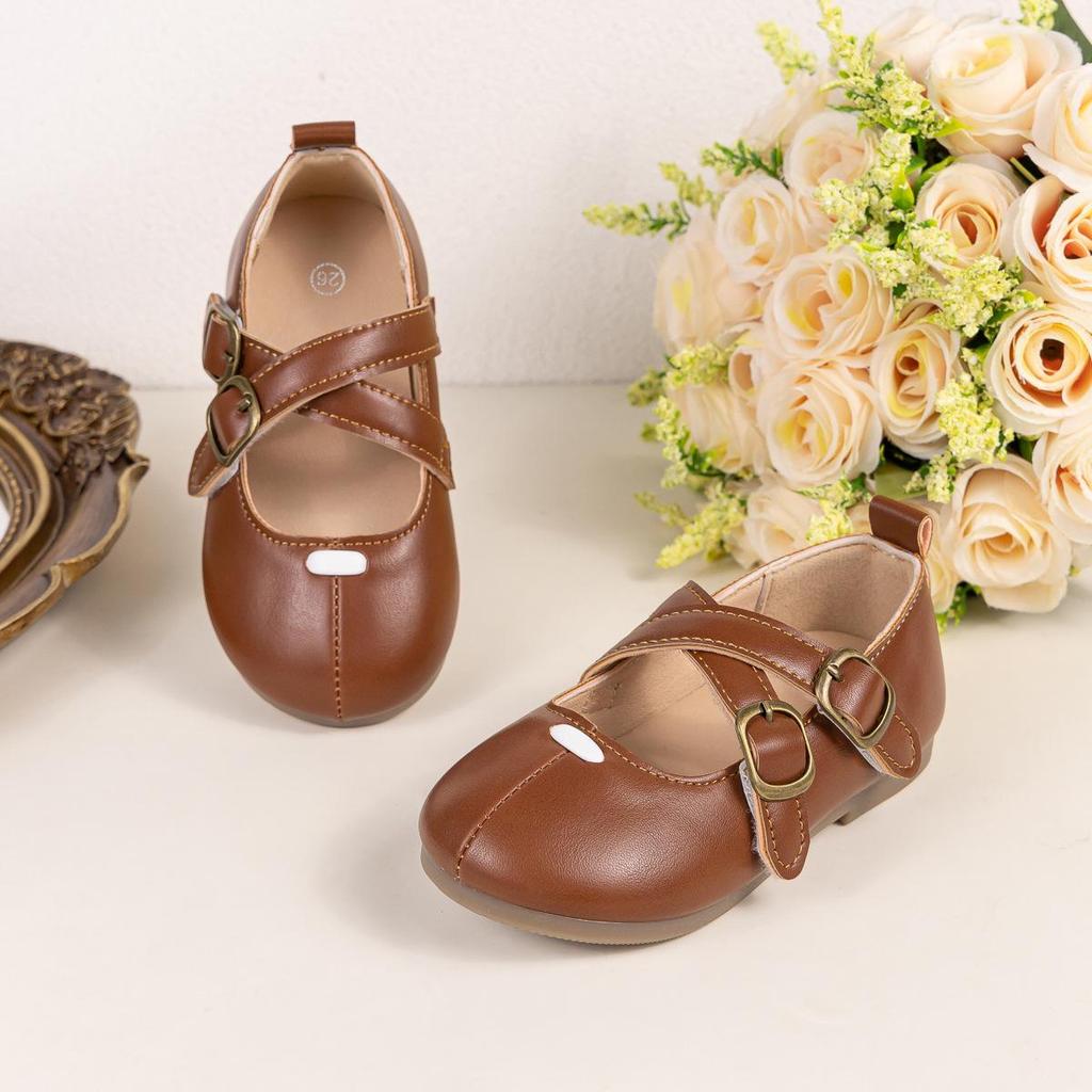 2025 Girls' Retro Princess Cross Strap Soft Sole Leather Shoes