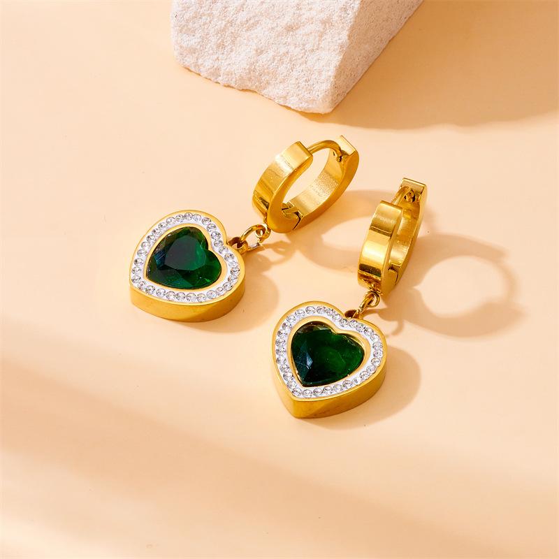 Gold Plated Green Heart Drop Earrings with Crystal Halo