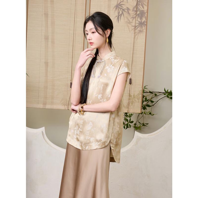 Sancai New Chinese Style Jacquard Stand-up Collar Silk Blend Top S