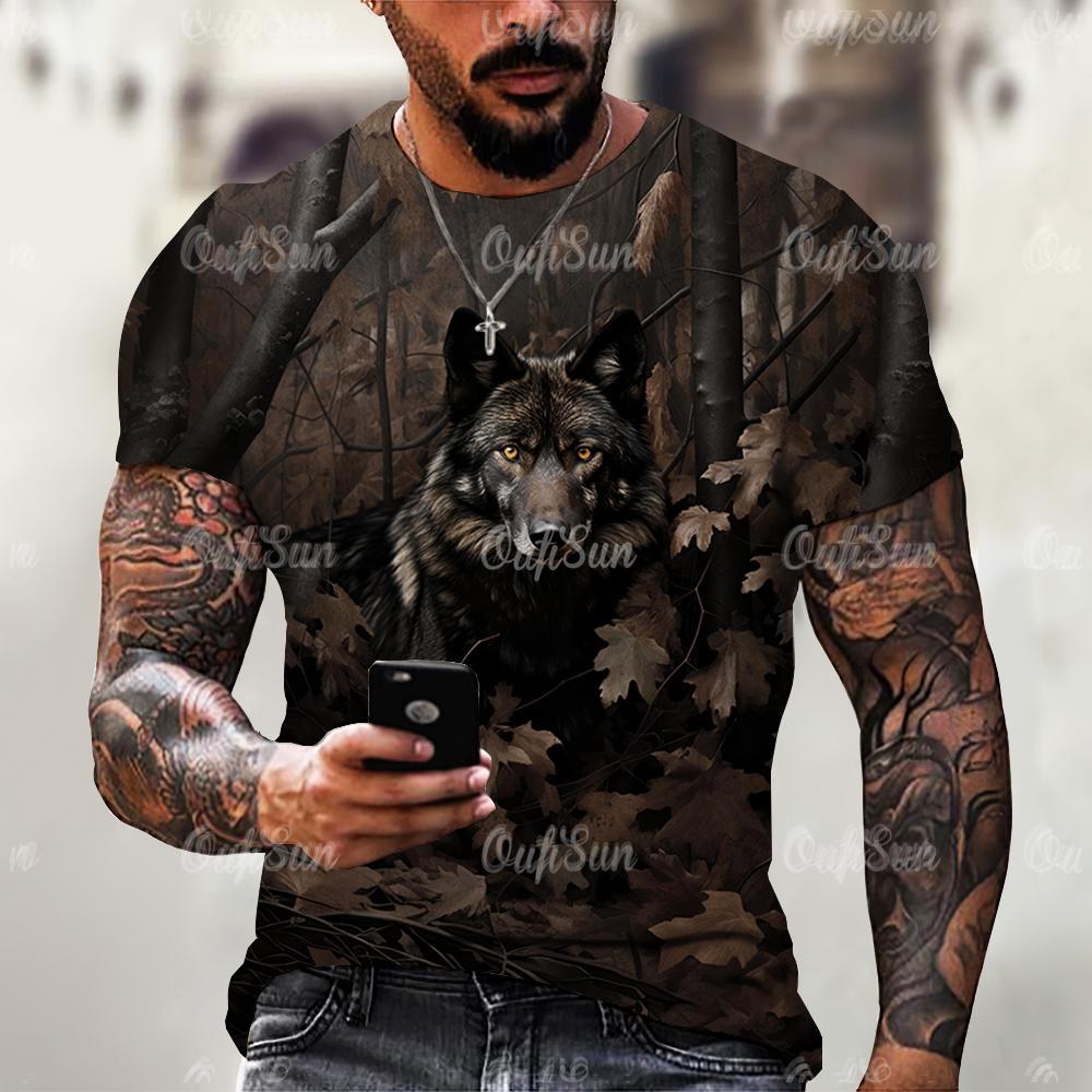 

Футболка с изображением животных джунглей для мужчин с принтом волка 3D, короткий рукав, летняя футболка с изображением охотника, свободный топ, мужская одежда 2XL