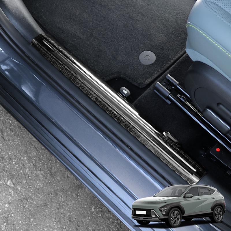Car Interior and Exterior Door Sill Protectors Front and Rear Sill Guards Step Trim Strips Stainless Steel for Hyundai KONA SX2