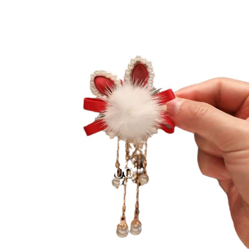 Winter Rabbit Pom-Pom Hanfu Hair Clips - Cute Red Headdress for Children’s Costumes