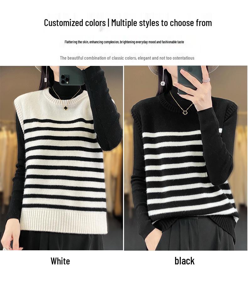 Women's Colorful Striped Knit Vest - Autumn/Winter Loose Fit, Elegant & Versatile Fashion.