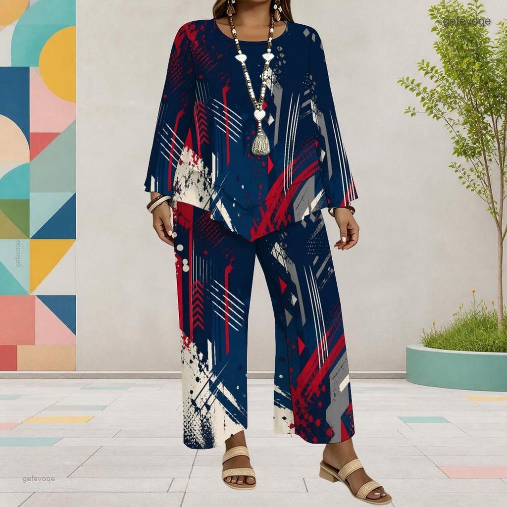 Women Plus Size Round Neck Long Sleeve Printed Top And Wide Leg Pants Two Piece Set