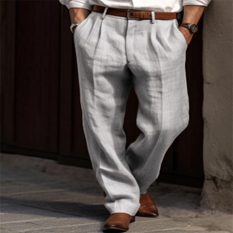 Men Solid Linen Straight Leg Pants, Soft Breathable Cotton Linen Blend Casual Trousers for Daily Vacation