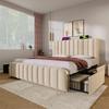 Upholstered Bed Double Upholstered Headboard with Golden Trim, USB Type-C Charging Function 180x200cm, Beige Linen Material with 4 Drawers, Load