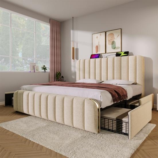 Upholstered Bed Double Upholstered Headboard with Golden Trim, USB Type-C Charging Function 180x200cm, Beige Linen Material with 4 Drawers, Load