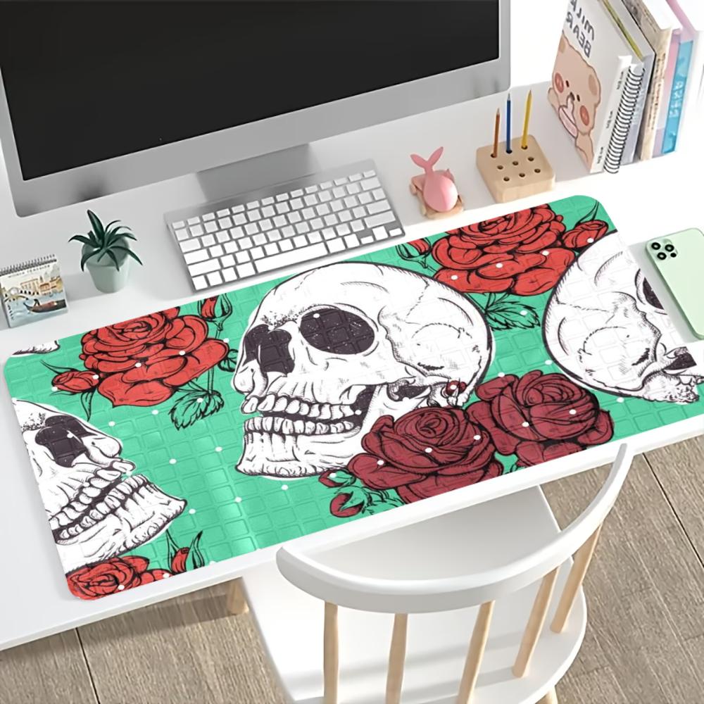 Rose Skull Gaming Mouse Pad Non Slip Rubber Stitched Edge Keyboard Table Mat For Laptop Office Desktop Use
