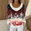Women's Fashion Plush V Neck Pullover Top Long Sleeve Tee Christmas Printed Sweatshirt