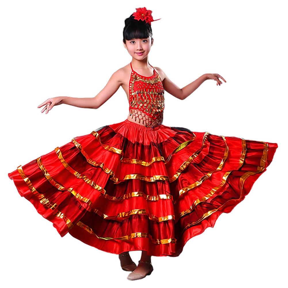 Buy Girls Red Belly Dance Dress Spanish Flamenco Costume Skirt For