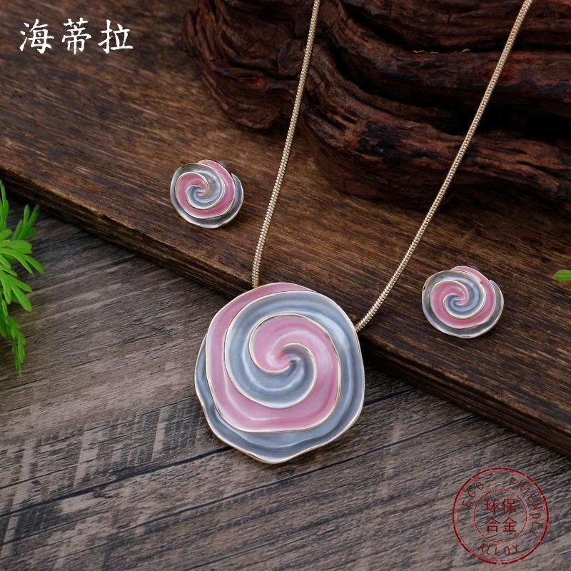 New enamel rose stud earrings pendant set women's fashion high sense geometric flower necklace