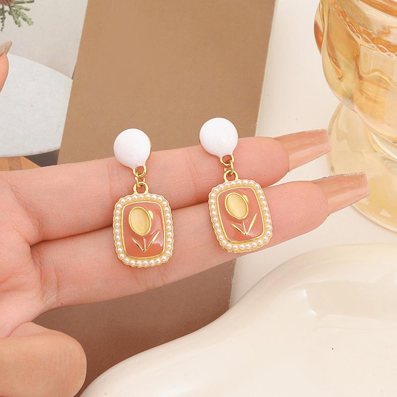 S925 Tulip Opal Earrings Sugar Cube Pearl French Vintage Earrings Cream Delicate Earrings