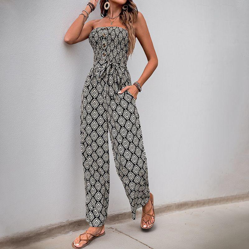 Printed Strapless Jumpsuit2025 Summer New Vacation European and American Print Tube Top Jumpsuit