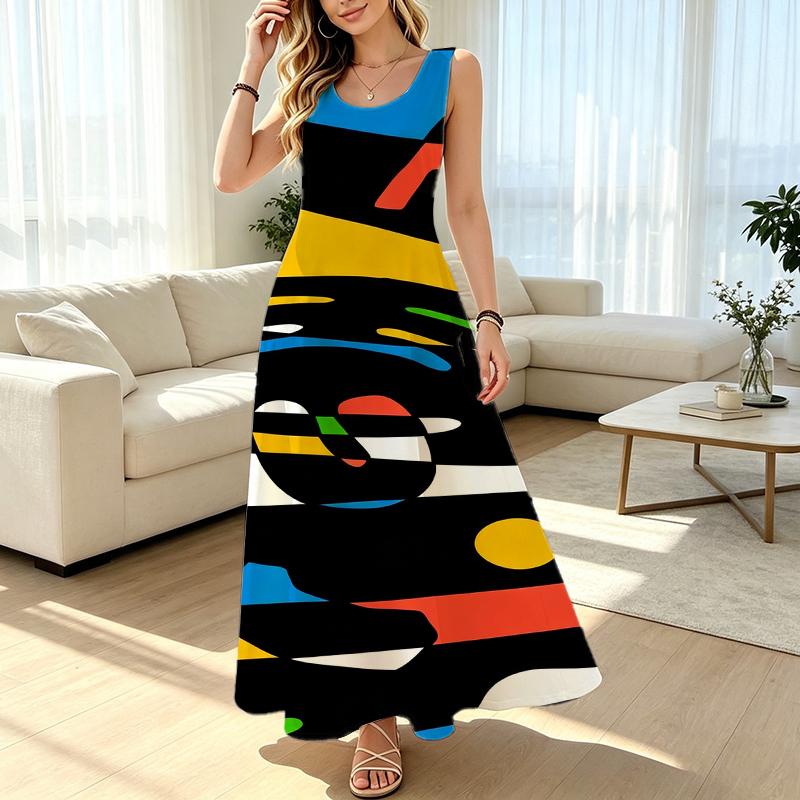 Summer Abstract Art Sleeveless Maxi Dress Loose Fit Soft Comfy Casual Dress for Daily Commute,Home & Vacation,Versatile Fashion