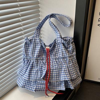 Bolsos de Hombro con Cordón para Mujer con Diseño de Volantes Casual Bolso Tote Cuadros Simple para el Trabajo Bolso de Compras Bolso de Mano de Gran Capacidad