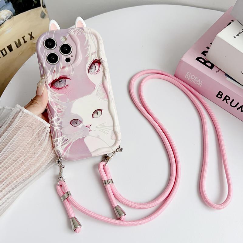 For VIVO V21E V25 E V30E V29 V40 SE Lite Vivo X100 S Ultra X200 Pro MINI Crossbody Strap Cartoon Cat Girl Phone Case Ears Cute