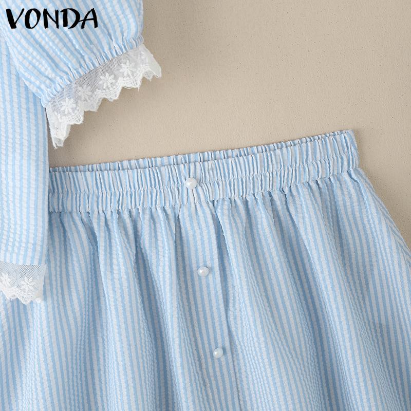 VONDA Two Picecs Dame Marineblå Krage Blondekant Stripete Tekstur T-skjorter og Shorts Sett