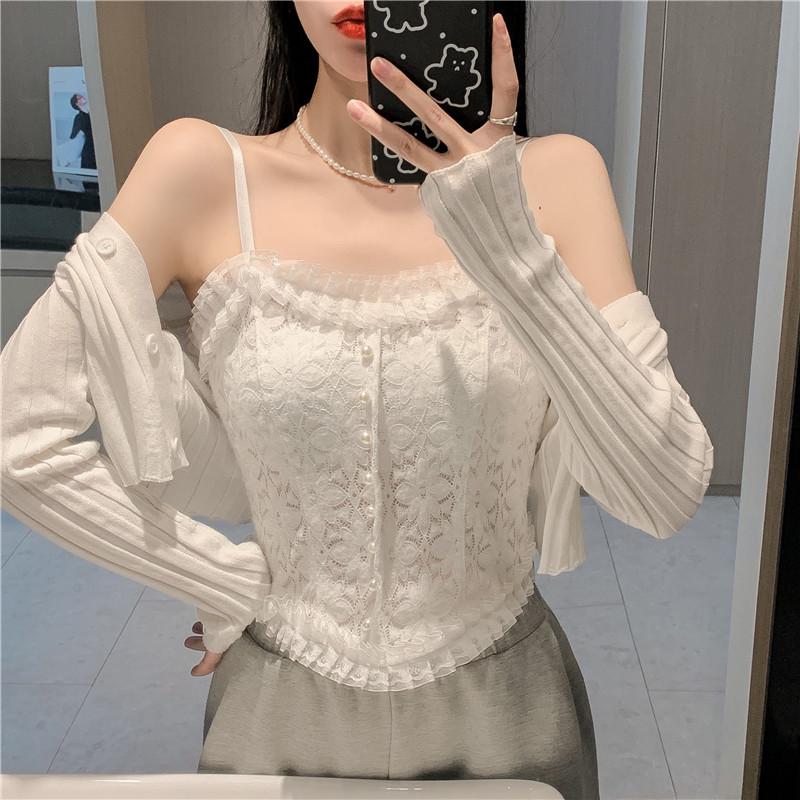 Popular Lace Pearl Pleated Camisole with Chest Pads - Beautiful Back Bodycon Base Layer Top