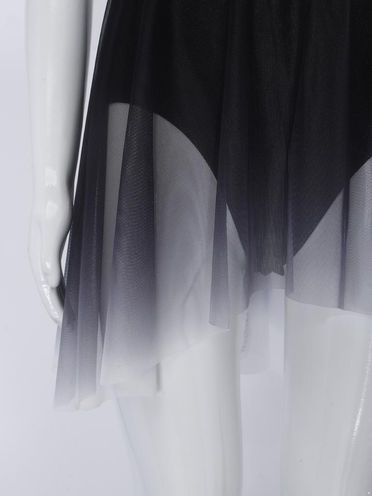 Mädchen Eiskunstlauf Gymnastik Bodysuit Farbverlauf Strass Ärmellos Keyhole am Rücken Unregelmäßiger Saum Knopfleiste im Schritt Leotard Kleid