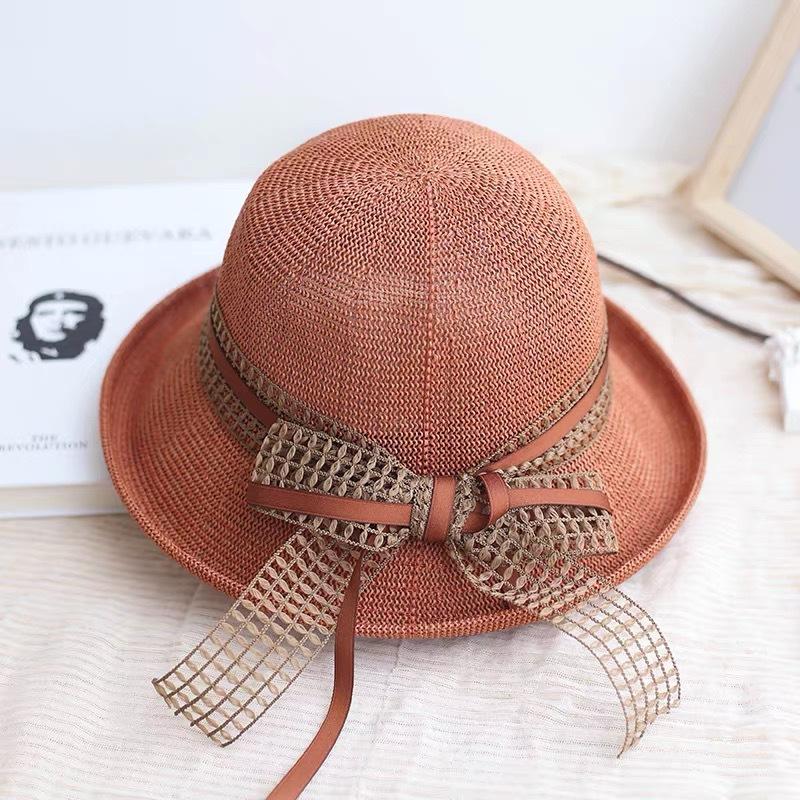 Retro elegant bow ribbon crimped basin hat dome top hat shading breathable fisherman straw hat women's summer