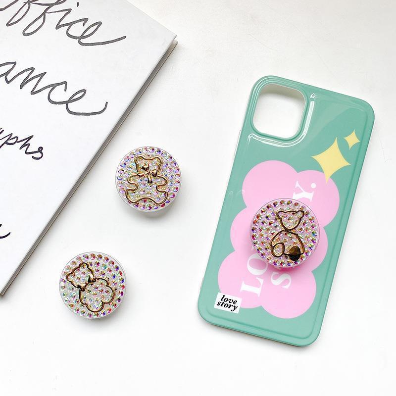 Creative Rhinestone Teddy Bear Phone Airbag Holder Korean Ins Back Sticker Expandable Desktop Stable Watching Support Stand