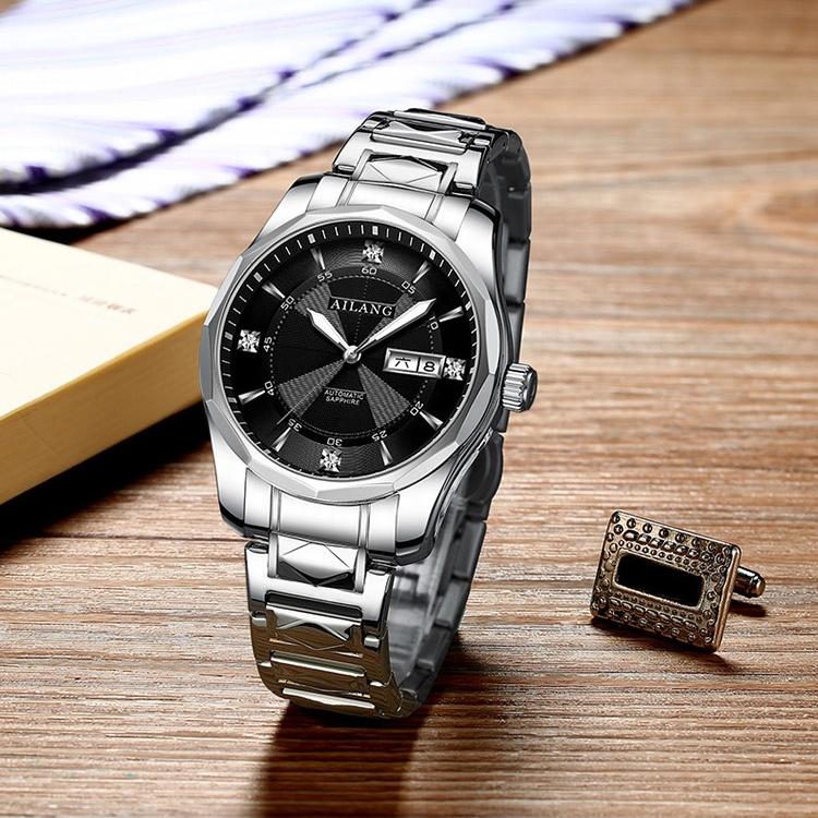 AILANG Montre mécanique entièrement automatique pour hommes Montre pour hommes Mode Double Calendrier Pierre Acier Montre étanche
