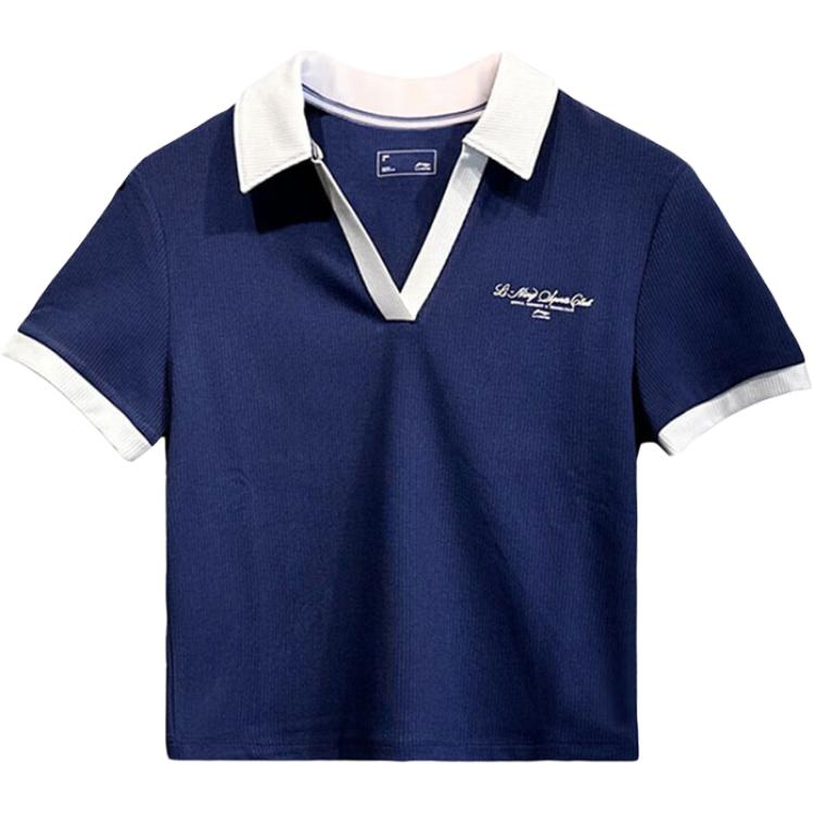 Li Ning T Shirts Women s Navy Blue Lapel Moderate Straight Fit APLV300-3 XL