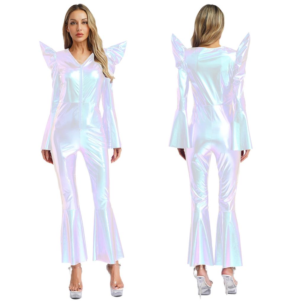 S-3XL Women‘s Disco Jumpsuit Halloween Costume: Shiny Metallic Long Sleeve High Waist Romper with Bell Bottoms & Front Zip